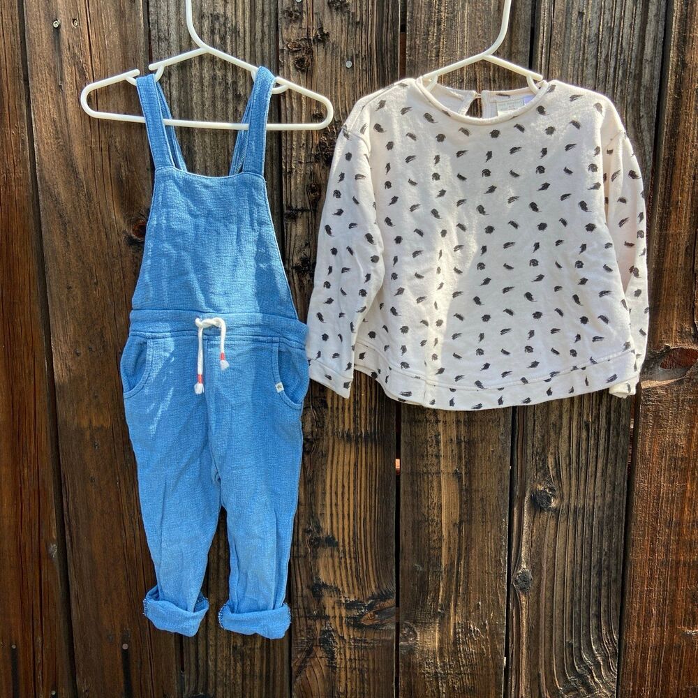 Set of Zara Baby Girls Size 3/4Y - Blue Overall & Dalmatian Pattern Sweatshirt